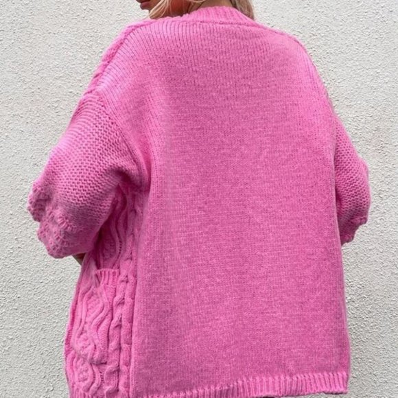 Open Front Pocketed Cable Knit Sweater Duster Cardigan Pink - Picture 5 of 6